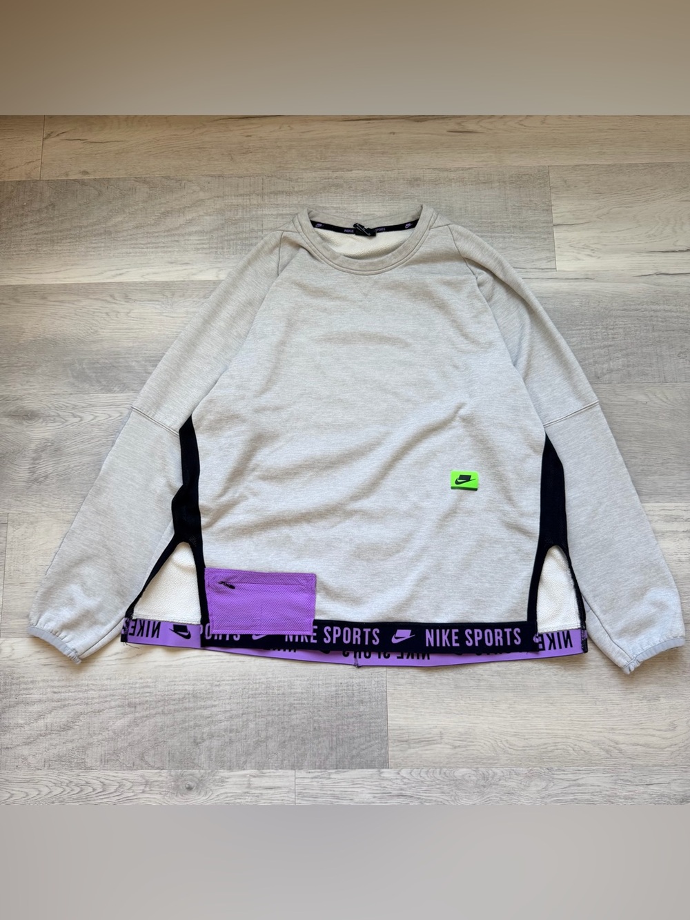 Nike Men's Light Gray Crewneck Sweatshirt with Black Panels and Neon Green Logo